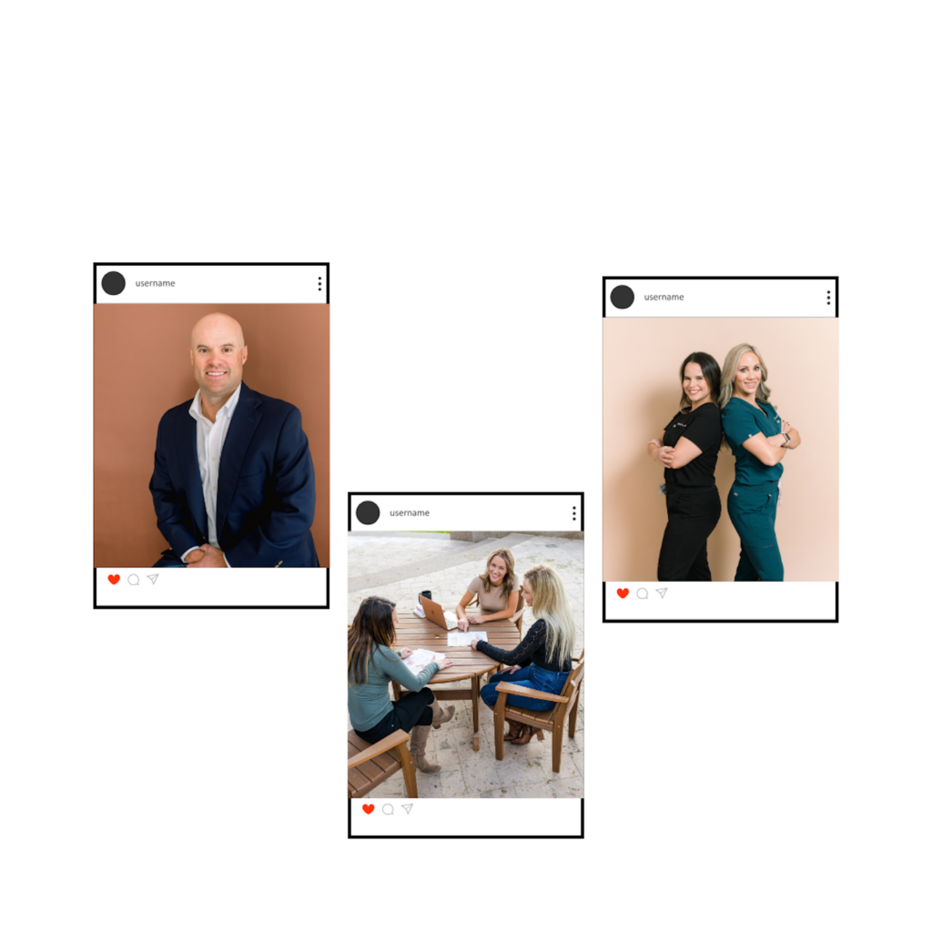 three fake instagram posts, one of a man on a stool, second is three woman at a table duscussing a gut health program, and the last one is two estheticians standing back to back with their arms folded.