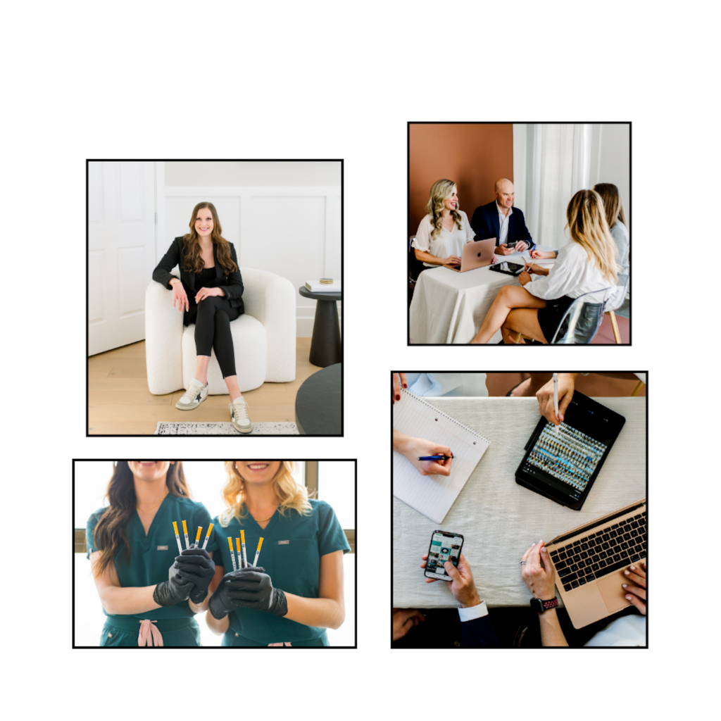 group of 4 photos that show a variety of branding shots, one of a group of 4 at a table working, another of a group of 4 showing the devices they are using, one of a female entrepreneur in a white chair, and last one of two nurses holding needles