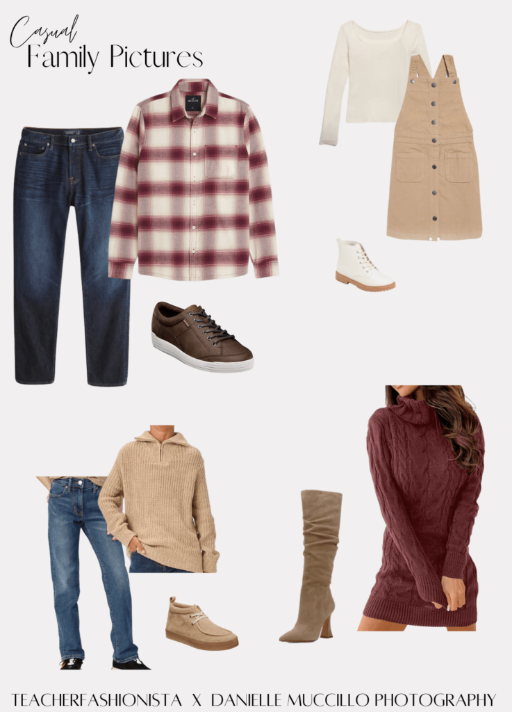 4 different outfits to choose from that are dressy two for men with jeans and sweater or plaid shirt one dress for a little girl and a maroon dress for a women with high boots