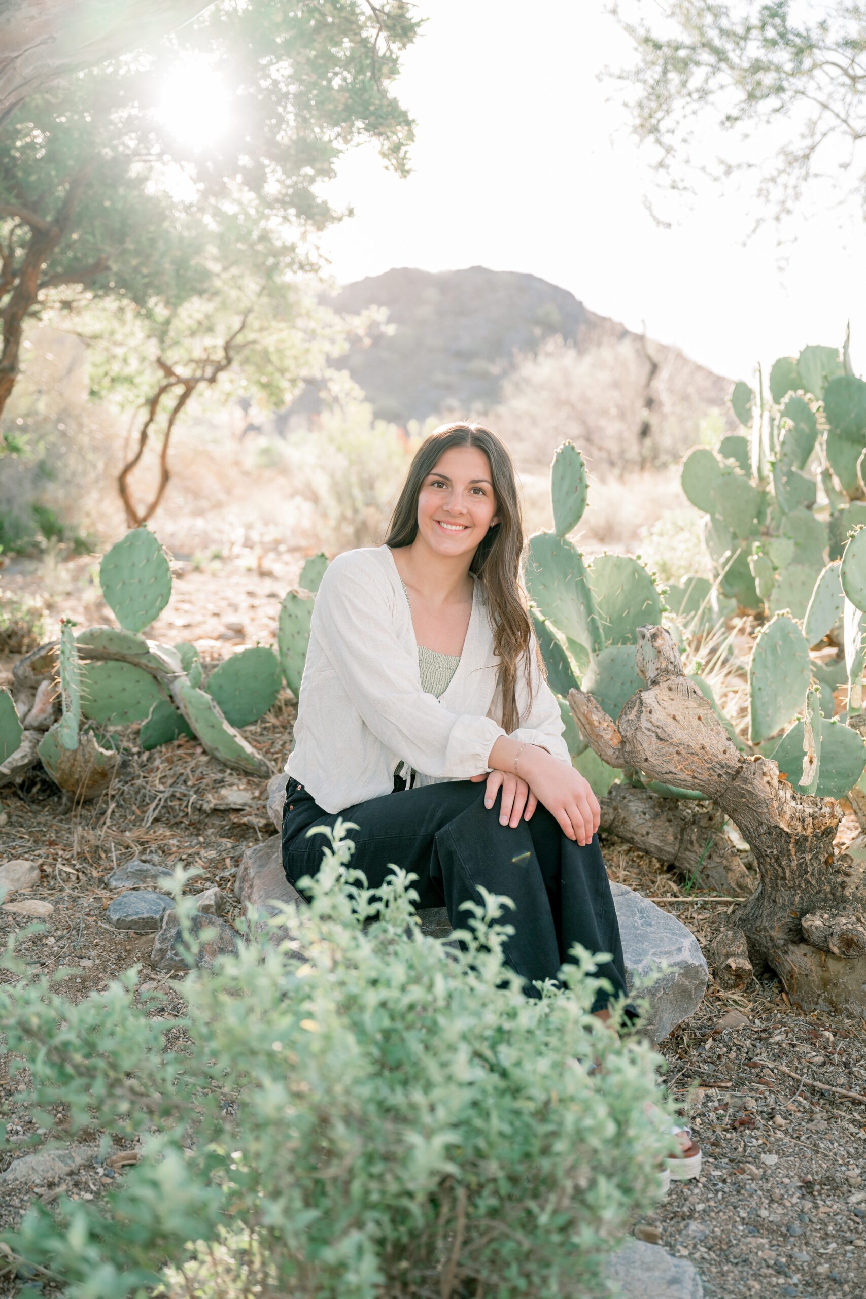 A high school senior in a white sweater sits on a rock under a tree in the desert after finding hair and makeup in scottsdale, az