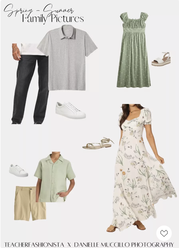 A palette of green outfit designs with neutral tones for summer family photos