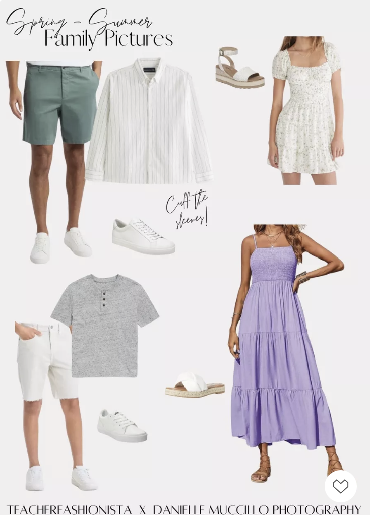 A design palette of summer family photos outfit ideas with neutral tones and a purple dress