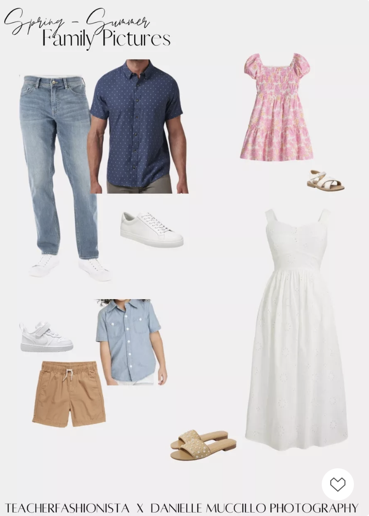 A collage of outfit ideas for summer family photos with blues, pinks and whites