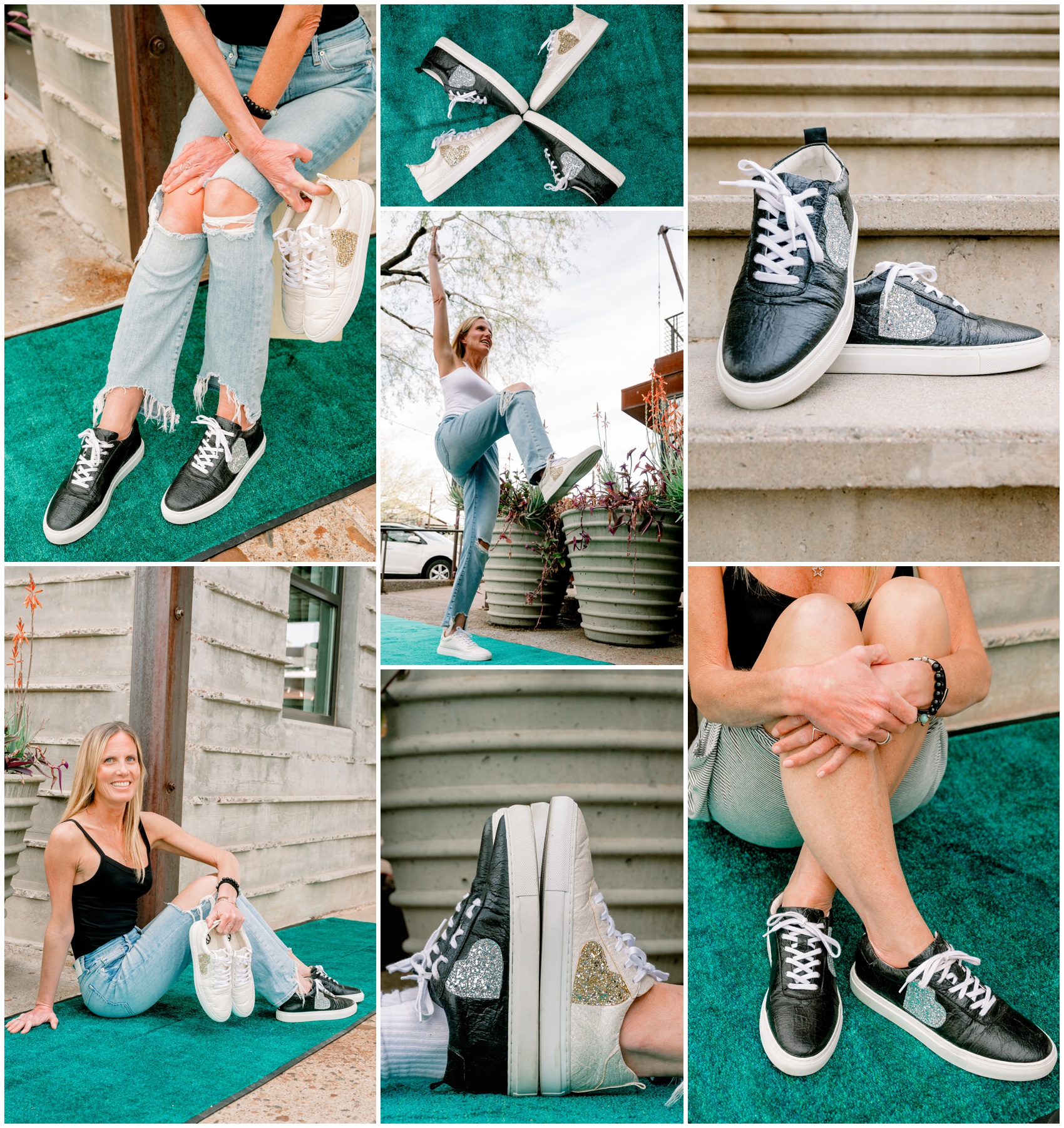 A collection of images of black and white whole hearted shoes on stairs and feet