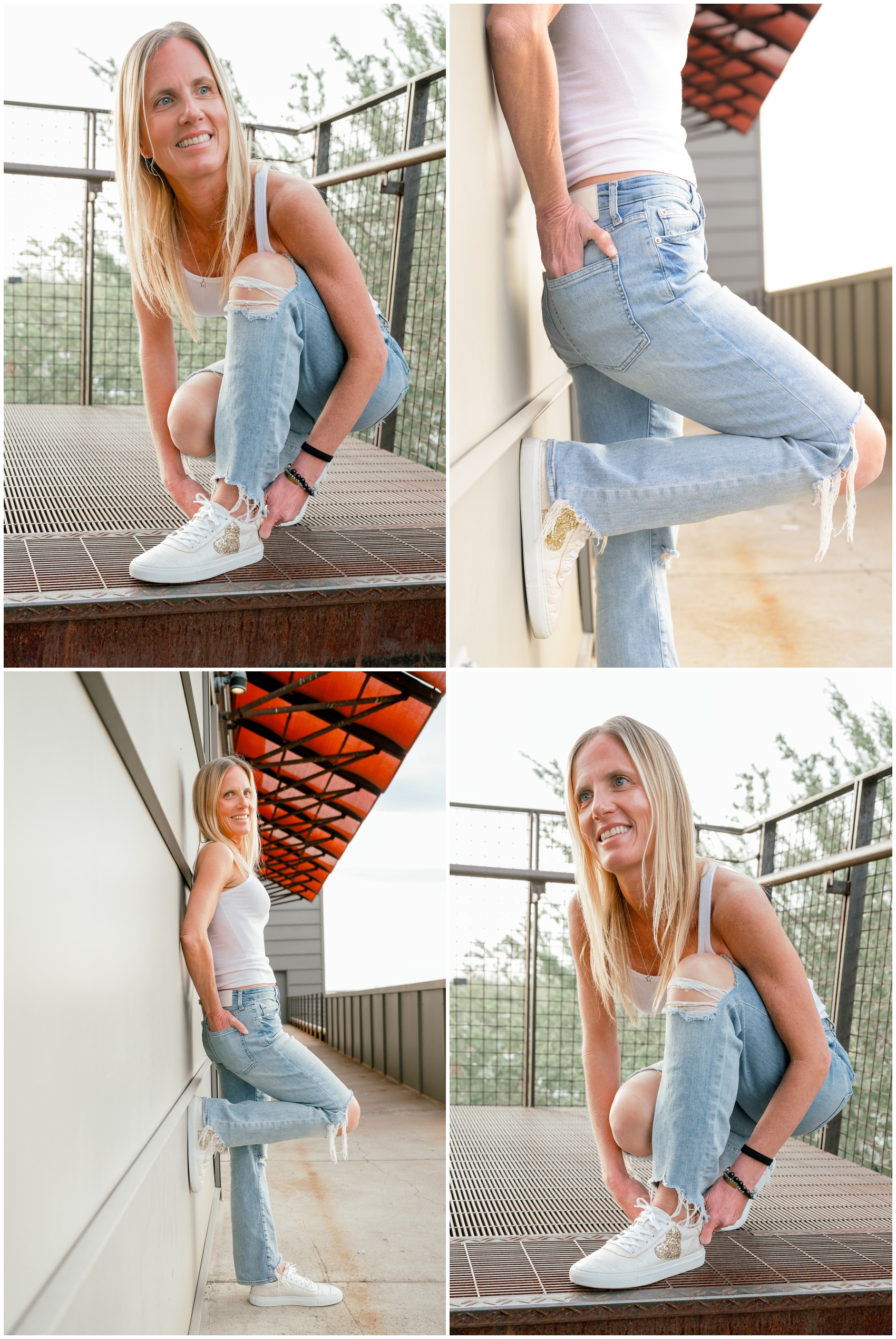 A collage of images of a woman adjust and leaning on a wall