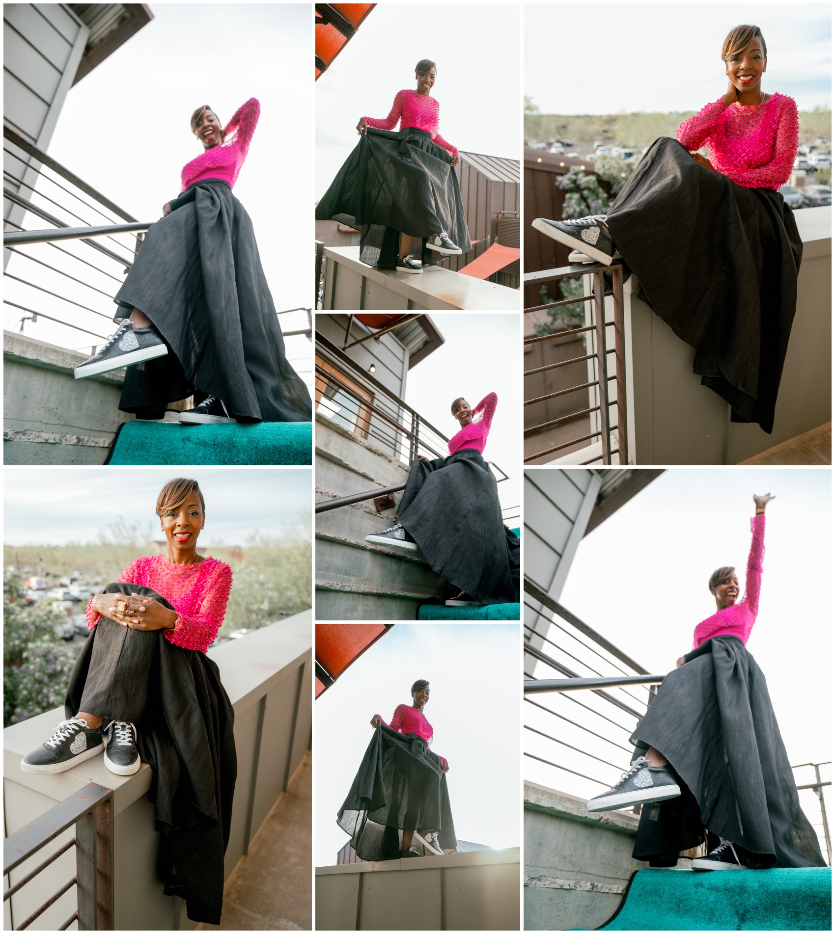 A collection of images of a woman in a black skirt and pink top wearing whole hearted shoes on a balcony