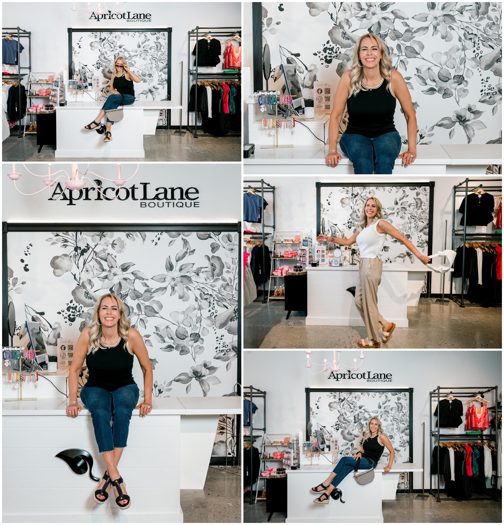 A woman sits on the front desk in a black shirt and jeans in a collage of images
