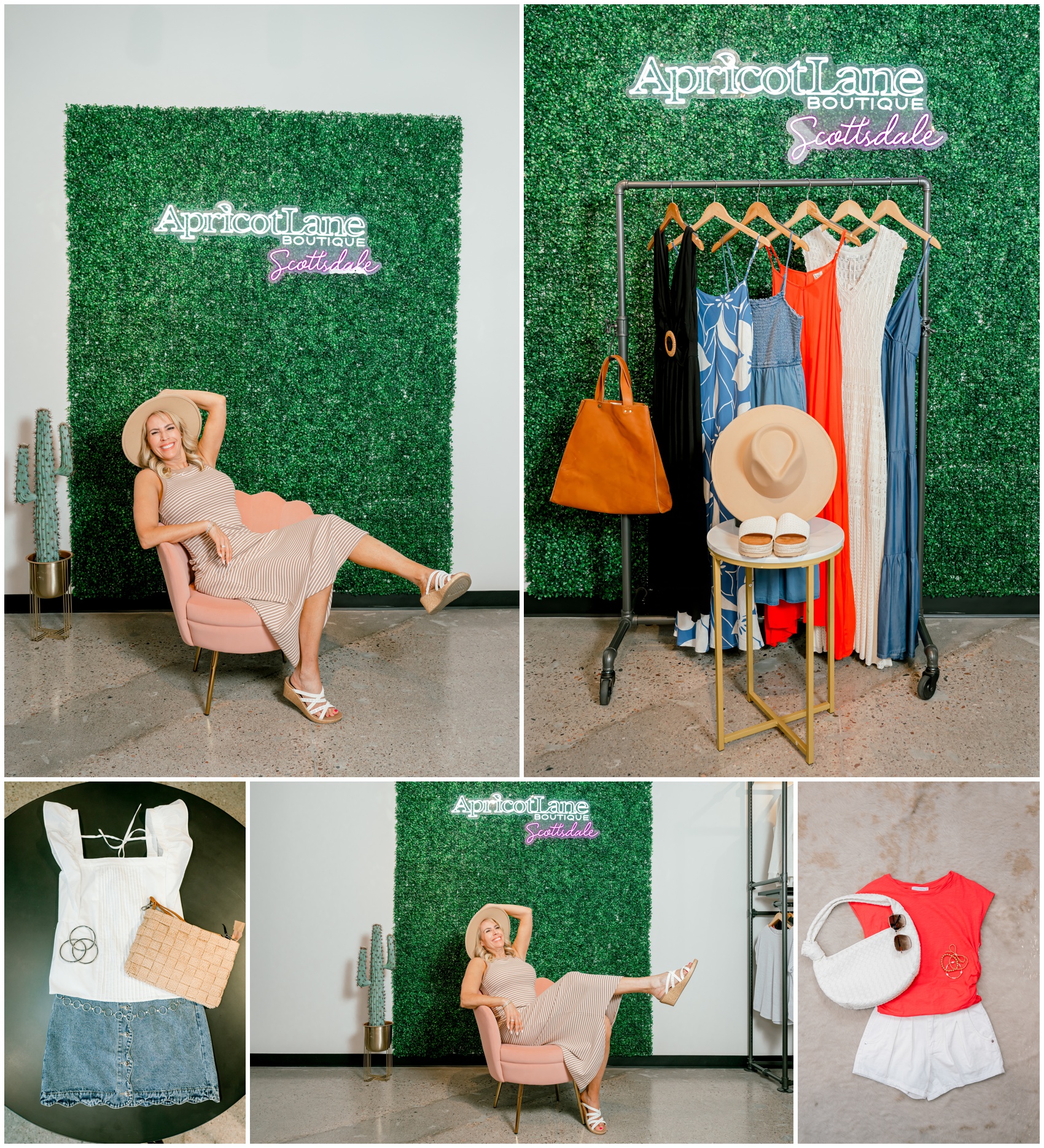 A woman lunges in a pink chair in a collage with select clothing items from apricot lane scottsdale